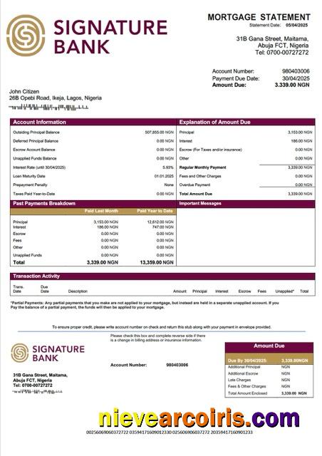 Nigeria Signature Bank mortgage statement Word and PDF template